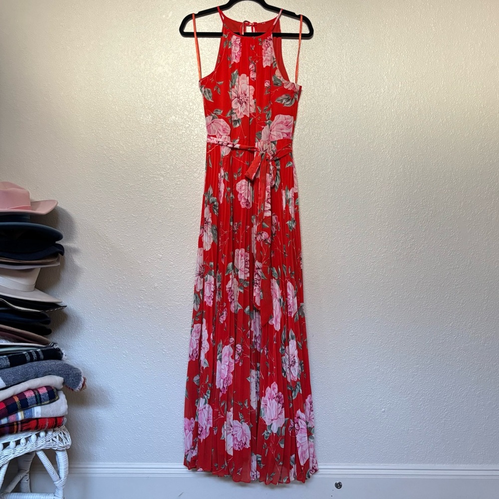 Eliza J Orange & Pink Floral Print Pleated Halter Neck Maxi Dress Size 10